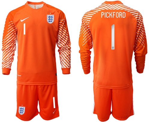 England #1 Pickford Orange Long Sleeves Goalkeeper Soccer Country Jersey